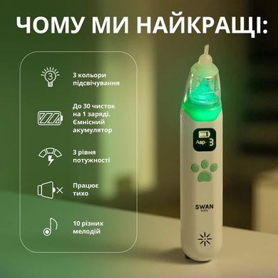 Аспіратор для носа Swan Baby ProClear 2.0 соплевідсмоктувач назальний електричний для новонароджених дітей білий