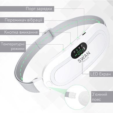 Грілка для живота при місячних Swan Beauty WM03 жіночий пояс при менструації електричний 3 рівня нагрівання та вібрації білий