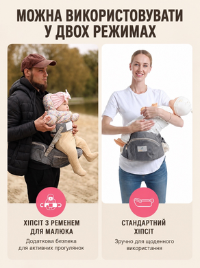 Хіпсіт переноска для дитини на поясі до 15 кг дитяче сидіння на стегні з міні спинкою 2 положення носіння обличчям вперед назад на боці ергономічна анатомічна підтримка регульований пояс з поперековою кишенею поліестер дихаючий Swan Baby темно-сірий